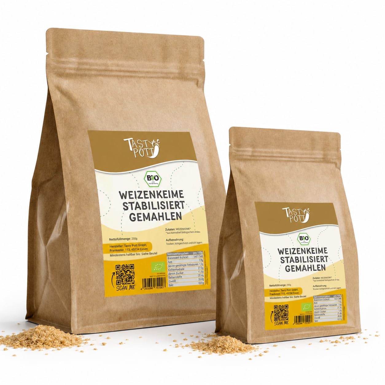 Tasty Pott Bio Weizenkeime gemahlen - stabilisiert I Vegane Ernährung I Weizenkörner I Weizenmehl I Zum Backen I Eiweiß I Aminosäuren I Naturprodukt I Im Beutel 1000g (2x1000g)