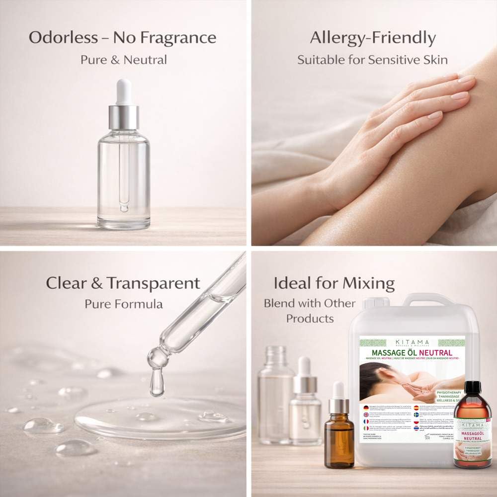 Kitama Massageöl Neutral 2x10L Duftlos + Aromaöl Zitronengras 250ml | Geruchsloses & hypoallergenes Massageöl ohne Parfum für Allergiker. Set inkl. 250ml Aroma-Öl für Thaimassage & Physio