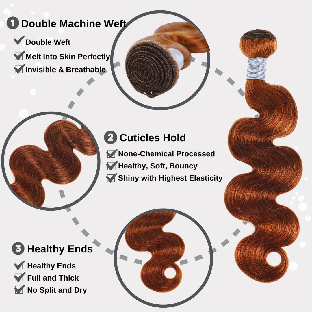 Reddish Brown Bundles Body Wave Human Hair Auburn Brown Copper Red Color 12A Brazilian Virgin Remy Wavy Hair Soft Thick Sew In Weave 3 Bundles 33B Color 12 14 16 Inch