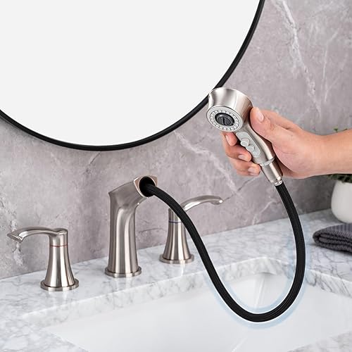 Miniatura 1 de Besfelos Grifo de baño de 3 agujeros con rociador extraíble, grifo de baño de 8 pulgadas, grifo de tocador de dos manijas con líneas de suministro