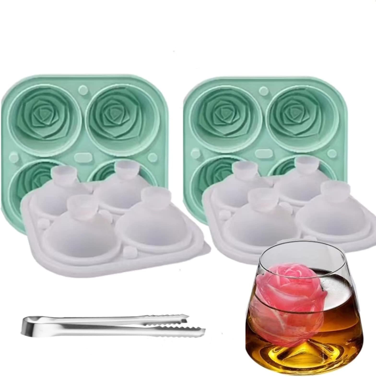 Large ice mold ice tray rose-love ice hockey mold silicone ice tray with cover ice tray food grade silicone household ice box easy to demould free ice clip (rose-2pcs)