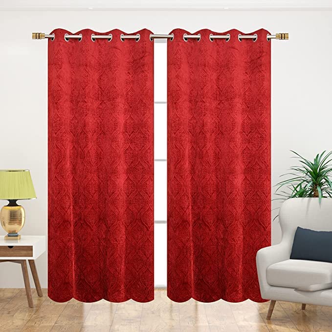 YNYC Curtains for Window 5Ft Set of 1 Velvet Textured Curtain Drapes for Living Room Bedroom Room Darkening Fancy Eyelet Panels for Home Decor, 4 x 5 Feet, Red