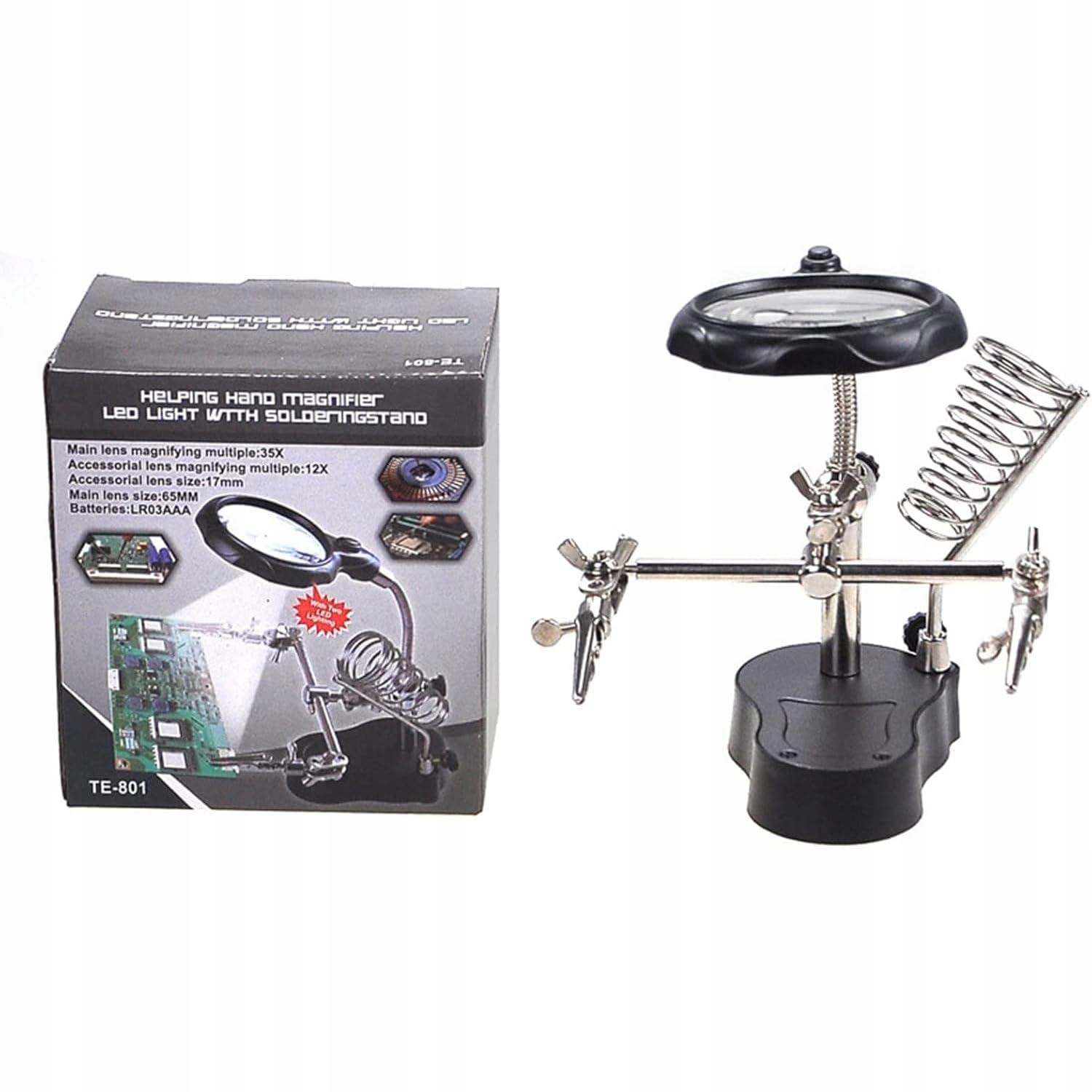 Troisième Main avec Loupe TE-801 – Grossissement 3,5x/12x, LED x2 | Base 10x6cm, Hauteur 26cm | Support Fer à Souder | Pour Soudure, Électronique | Accessoire Atelier