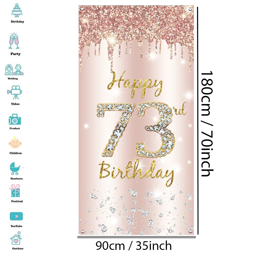 73. urodziny dekoracja damska, Happy 73rd Birthday Door Banner różowe złoto, 73. urodziny tkanina tabliczka plakat dekoracja drzwi, 73. urodziny tło baner damski, przyjęcie urodzinowe tabliczka