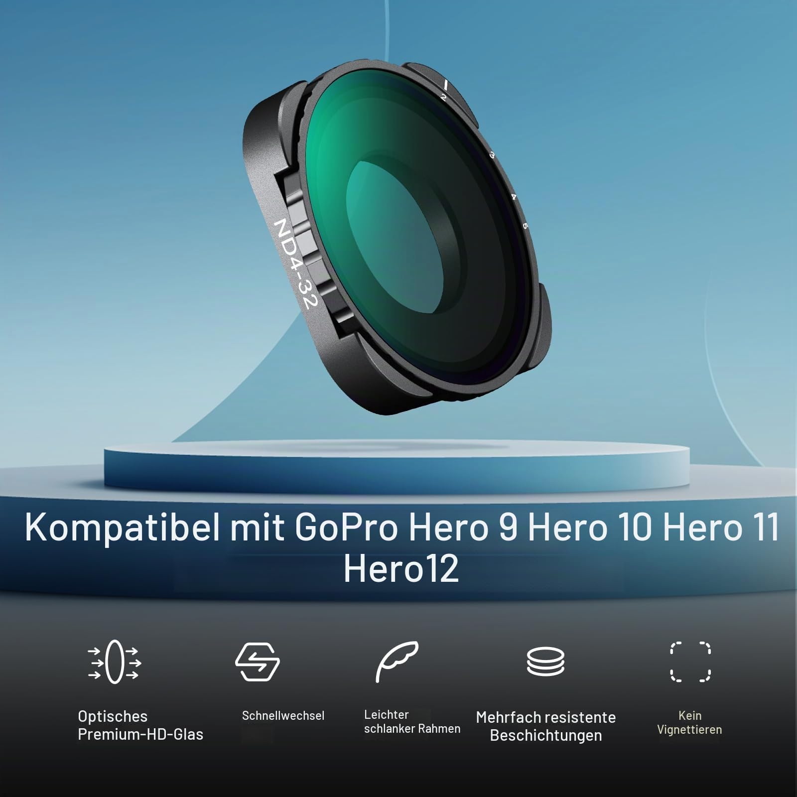 NEEWER Variabler ND4-ND32 Filter, kompatibel mit GoPro Hero13, Hero12, Hero11, Hero10, Hero9, 2–5 Blendenstufen ND Filter mit Mehrschichtige Beschichtung, HD optischem Glas und schlankem Rahmen