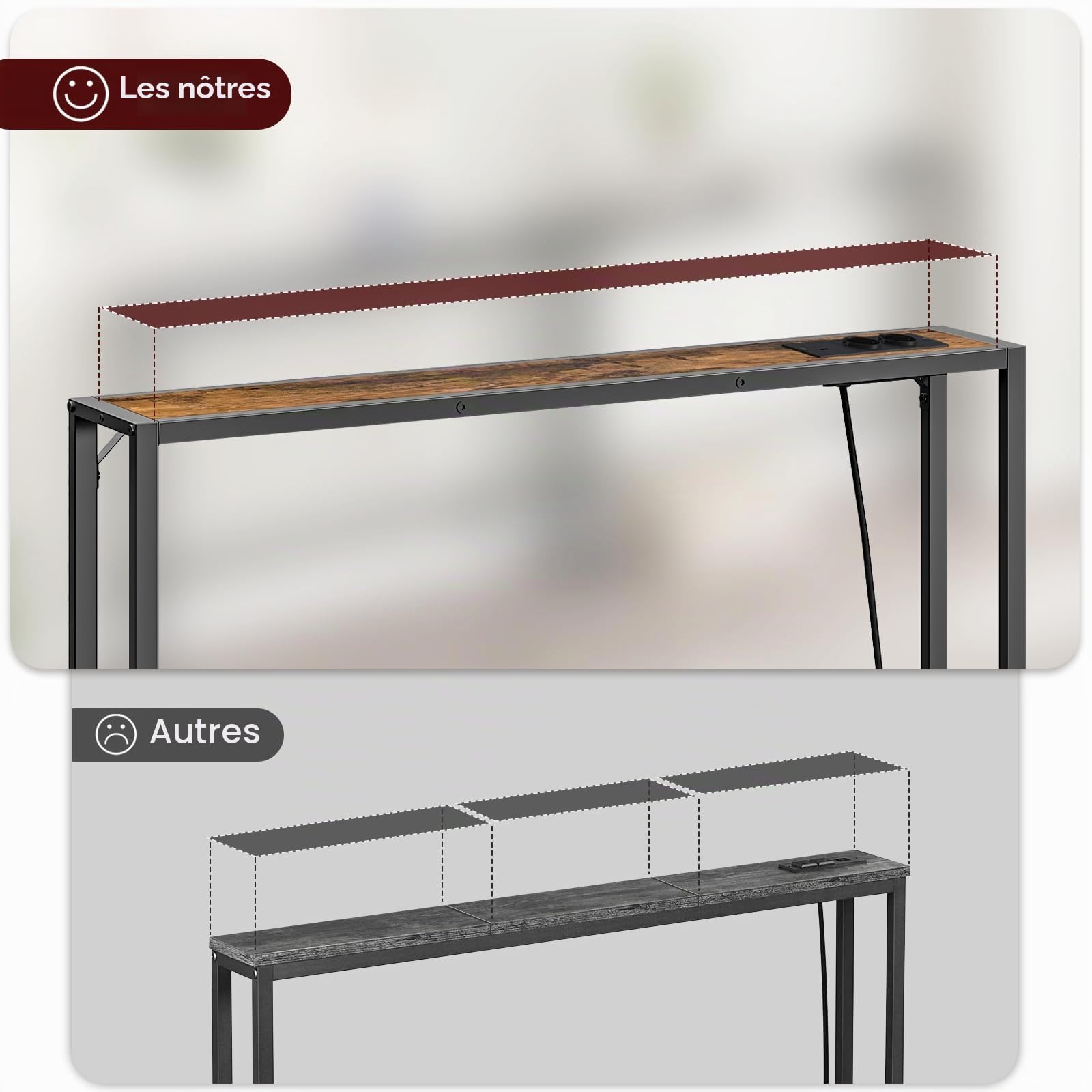 MAHANCRIS Table d’Appoint de 100 cm, Table d’Entrée avec Prises et Ports USB, Bout de Canapé étroit, Cadre Métallique, Pieds Réglables, pour Couloir, Salon, Chambre, Marron et Noir ACTHR968UE01S2
