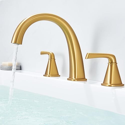 Brass Bathtub Faucet Roman Tub Faucet Gooseneck Tub Filler, Brushed Gold Garden Tub Faucet Deck Mount 3 Hole High Flow Bathtub Faucet Set, with Valve & Hose, 12-20in Widespread