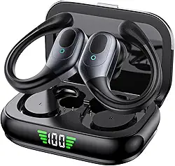Fones de Ouvido Sem Fio Esportivos, 80h de Reprodução com LED Display, Bluetooth 5.3 Esportivos com Gancho, IPX7 à Prova d'Água, Graves Profundos, Compatível com iOS e Android para Esportes/Treino