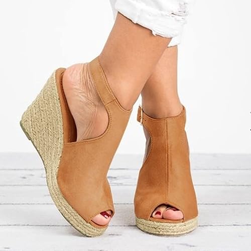 Vista 2 de Dheva-C Sandalias de cuña para mujer, con hebilla y correa al tobillo, sandalias de punta abierta para mujer, sandalias casuales de verano, cómodas