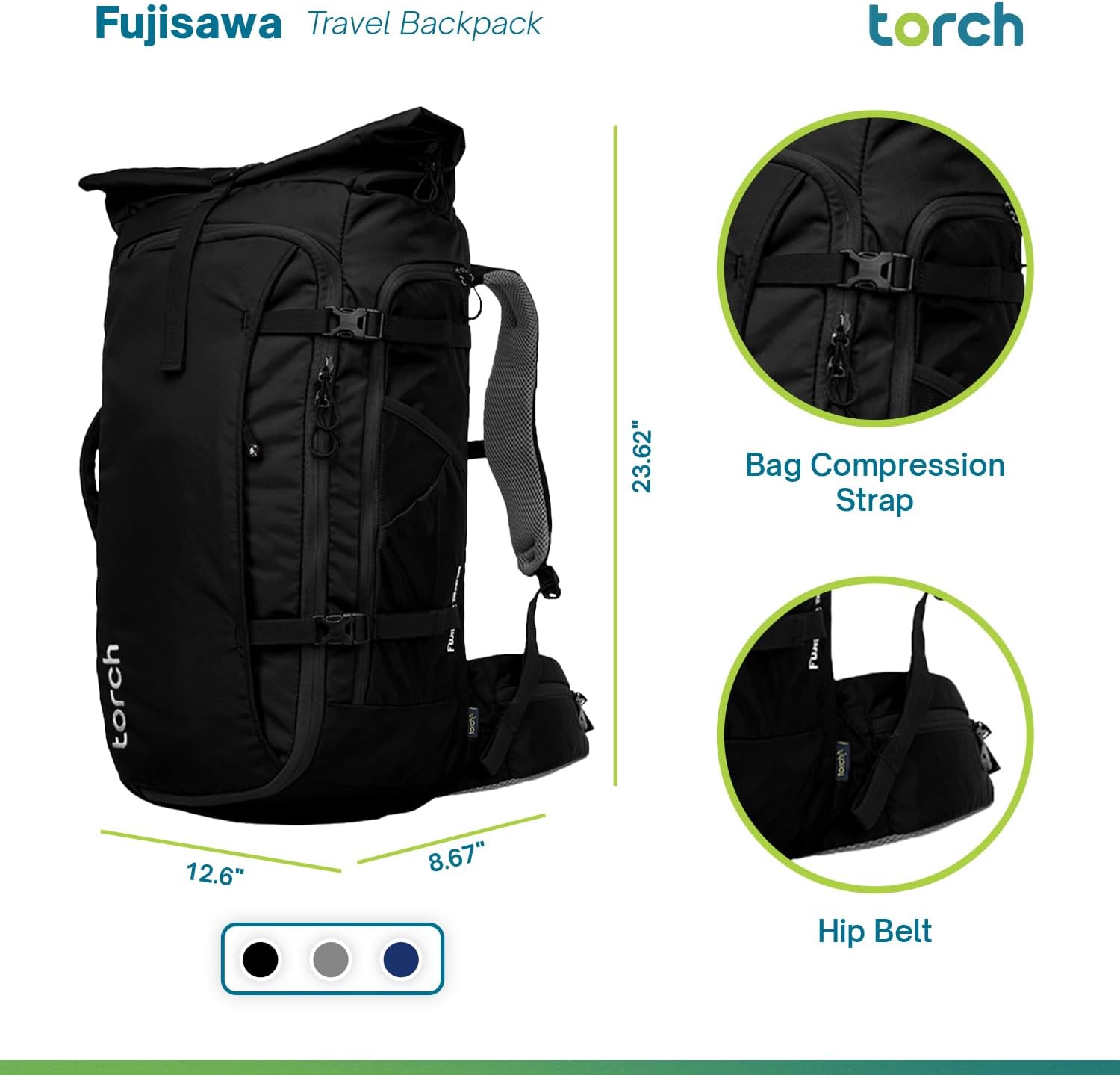 torch 45l Travel Backpack for Men - Extra Large Carry on Laptop Backpack Flight Approved with Rain Cover for Outdoor, Hiking, Camping - Fujisawa (Black)