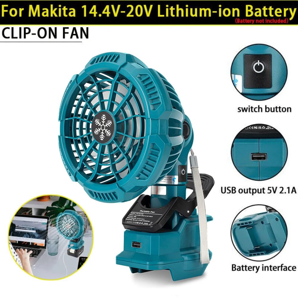 Akku Clip Ventilator für Makita 18V Batterie, Camping Ventilator, Leise Clip Tischventilator, 3 Geschwindigkeitsstufen, 180° schwenkbarer Kopf, für Kinderwagen, Schlafzimmer, Büro, Baustelle