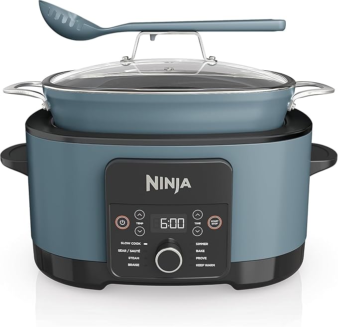 Ninja Foodi PossibleCooker, 8-in-1 Slow Cooker with Removable Non-Stick Pot, Steaming Rack, Integrated Spoon & Glass Lid, Slow Cook, Sear, Braise, Steam & more, 8 Portions, 8L, Sea Salt Grey MC1001UK