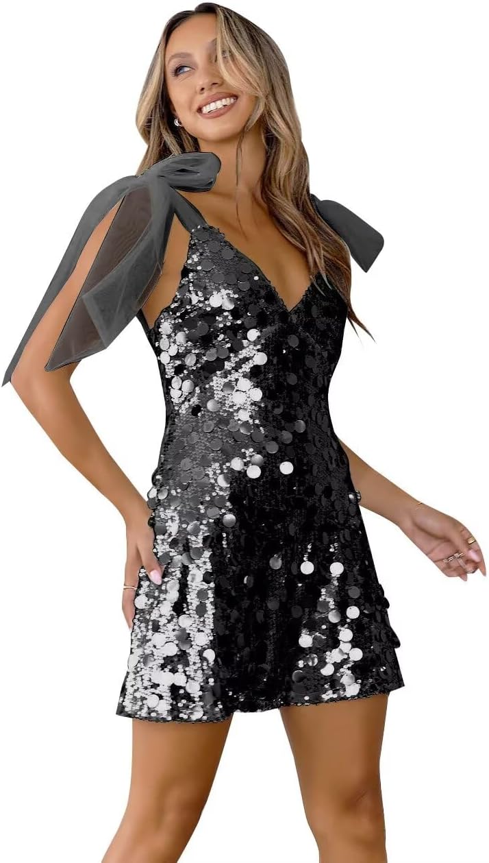 MYDRESS Sparkly Homecoming Dress 2026 V Neck Short Mini Club Sequin Dress with Bow