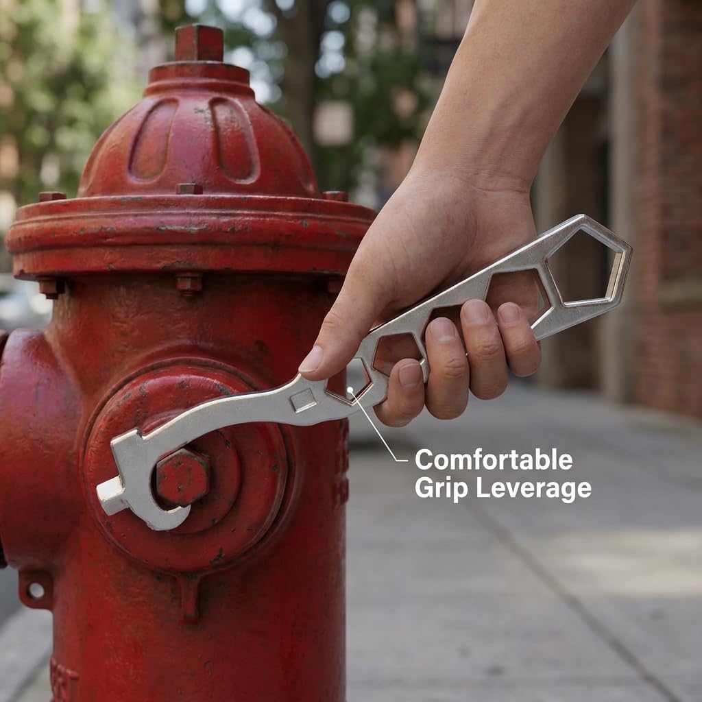 QWORK 5-Hole Fire Hydrant Wrench 14-1/4", Galvanized Iron Construction – Fits Standard Pentagon Nuts for Outdoor Firefighting, Utility Work & Maintenance