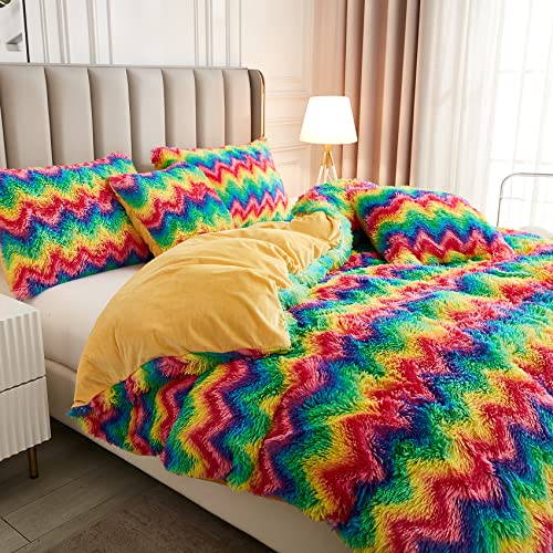 Uhamho Faux Fur Velvet Fluffy Bedding Duvet Cover Set Down Comforter Quilt Cover With Pillow Shams, Ultra Soft Warm And Durable (Rainbow Zigzag, King) #TOP2