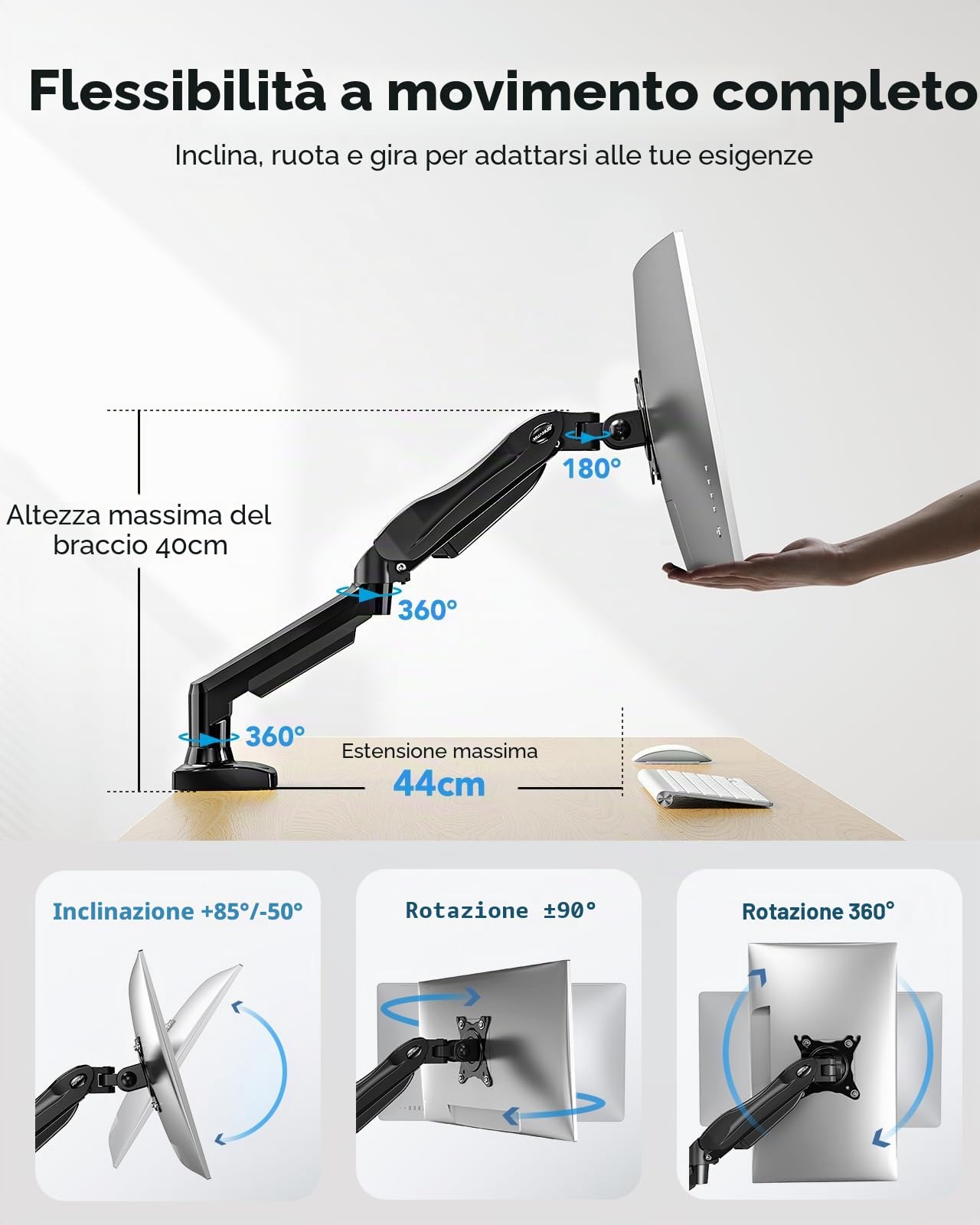 HUANUO Supporto Monitor Scrivania Schermi 13-32 Pollici, Braccio Monitor fino a 9 kg, Monitor Arm Ergonomico con Inclinazione, Rotazione e 360°, Altezza Regolabile, Compatibile VESA 75x75/100x100