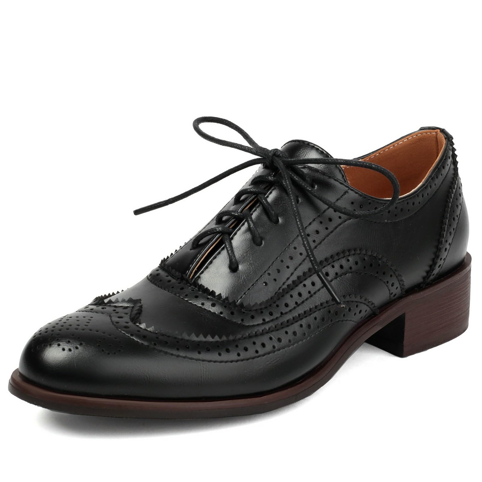 LUXMAX Women Lace Up Oxford Shoes Flats Wingtip Brogues Shoes Low Chunky Heel Vintage Saddle Shoes