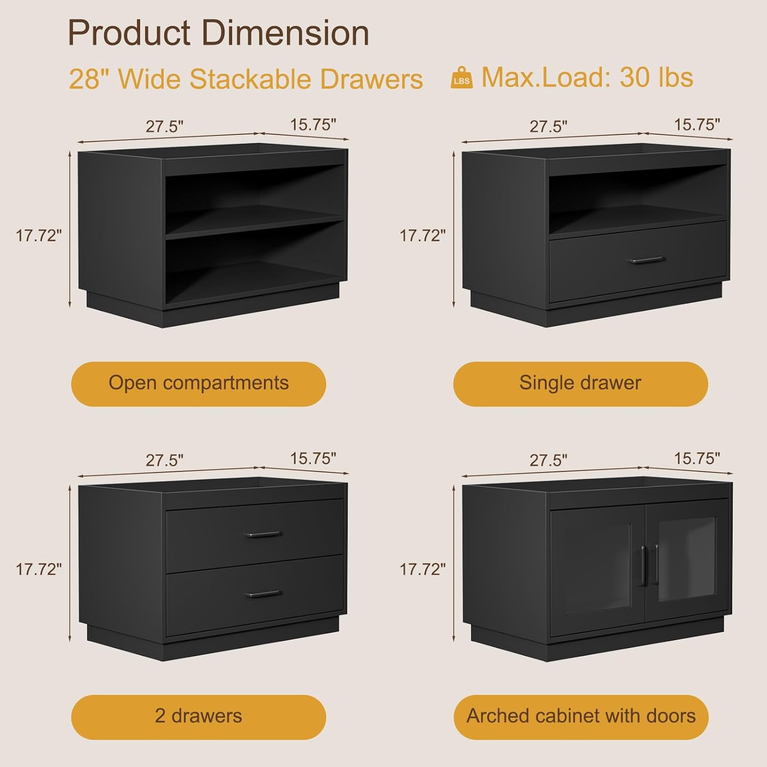 Stackable Storage 2-Shelf, 28" Wide Storage Bins with Open Compartment for Closet Organizers, Wood Stackable Closet Organizer Modern Large Stackable Storage Units for Living Room Hallway, Black