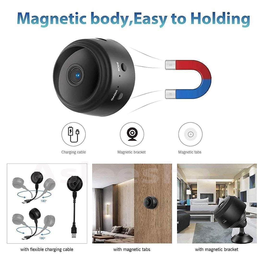 SUNBEET Eyetech Wireless WiFi, HD 1080p Mini Portable Security Camera, Cameras with Indoor Video Recorder, Small Low Light Vision | Portable & Magnetic | Home, Office, and Baby Monitor 1