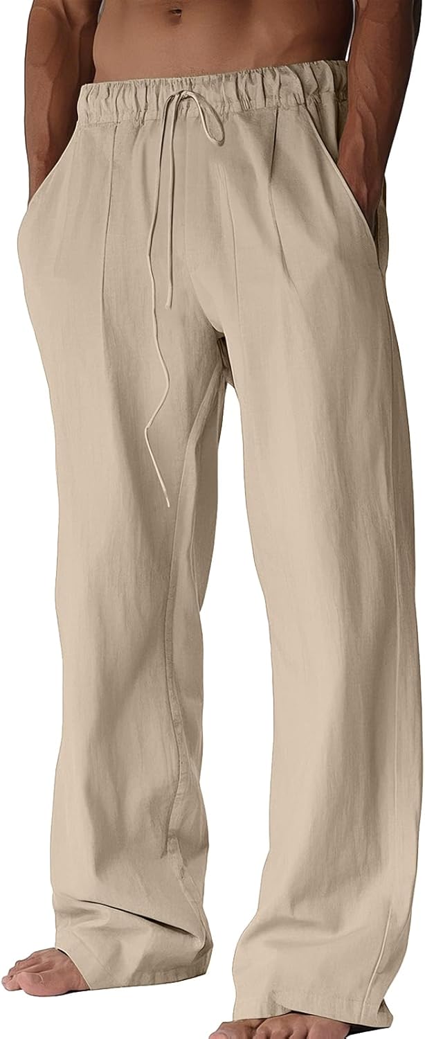 BUXKR Men’s Linen Pants Beach Casual Cotton Summer Lightweight Elastic Waist Drawstring with Deep Pockets BUXKR Men’s Linen Pants Beach Casual Cotton Summer Lightweight Elastic Waist Drawstring with Deep Pockets