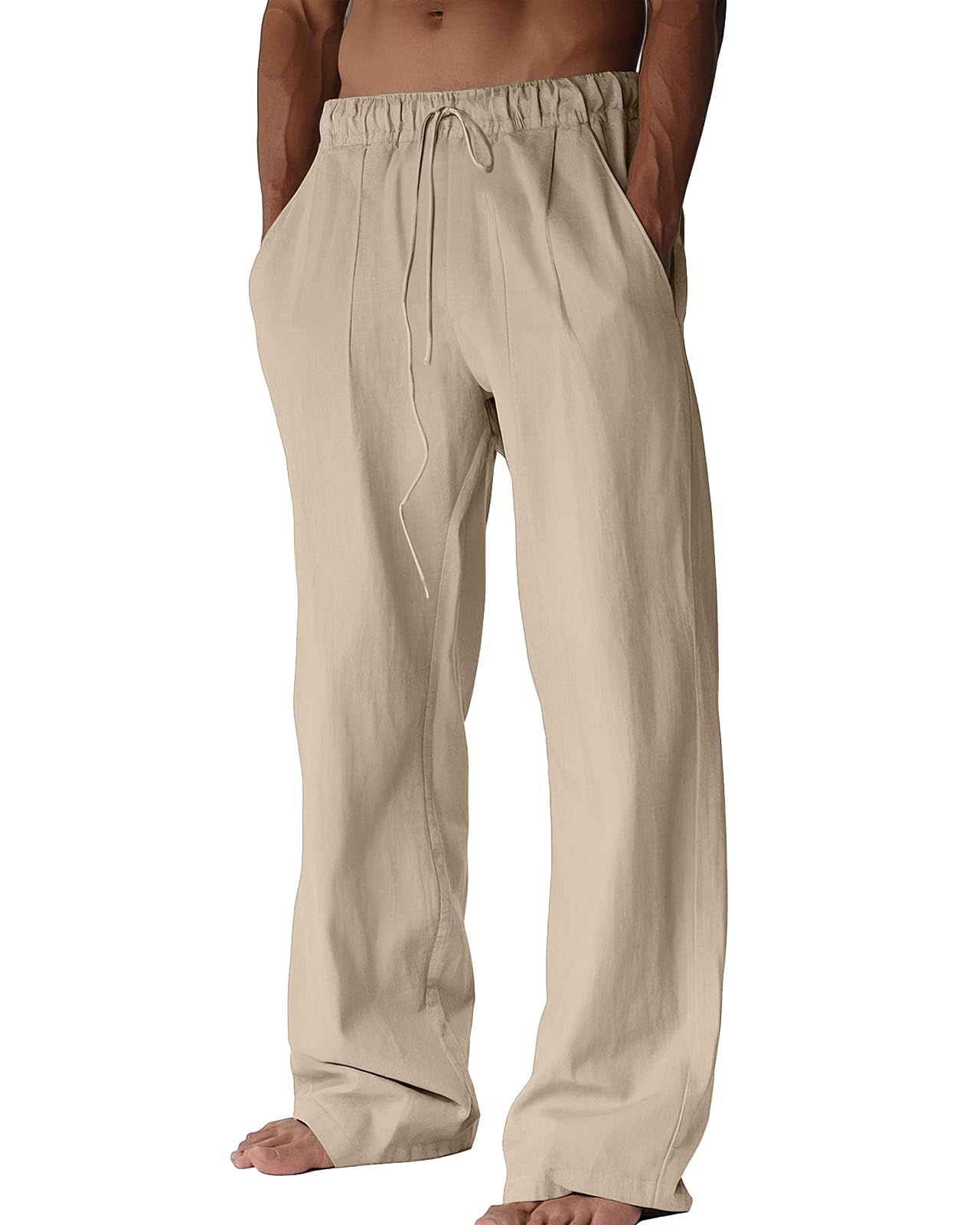 BUXKR Mens Linen Pants Beach Casual Cotton Summer Lightweight Elastic Waist Drawstring with Deep Pockets