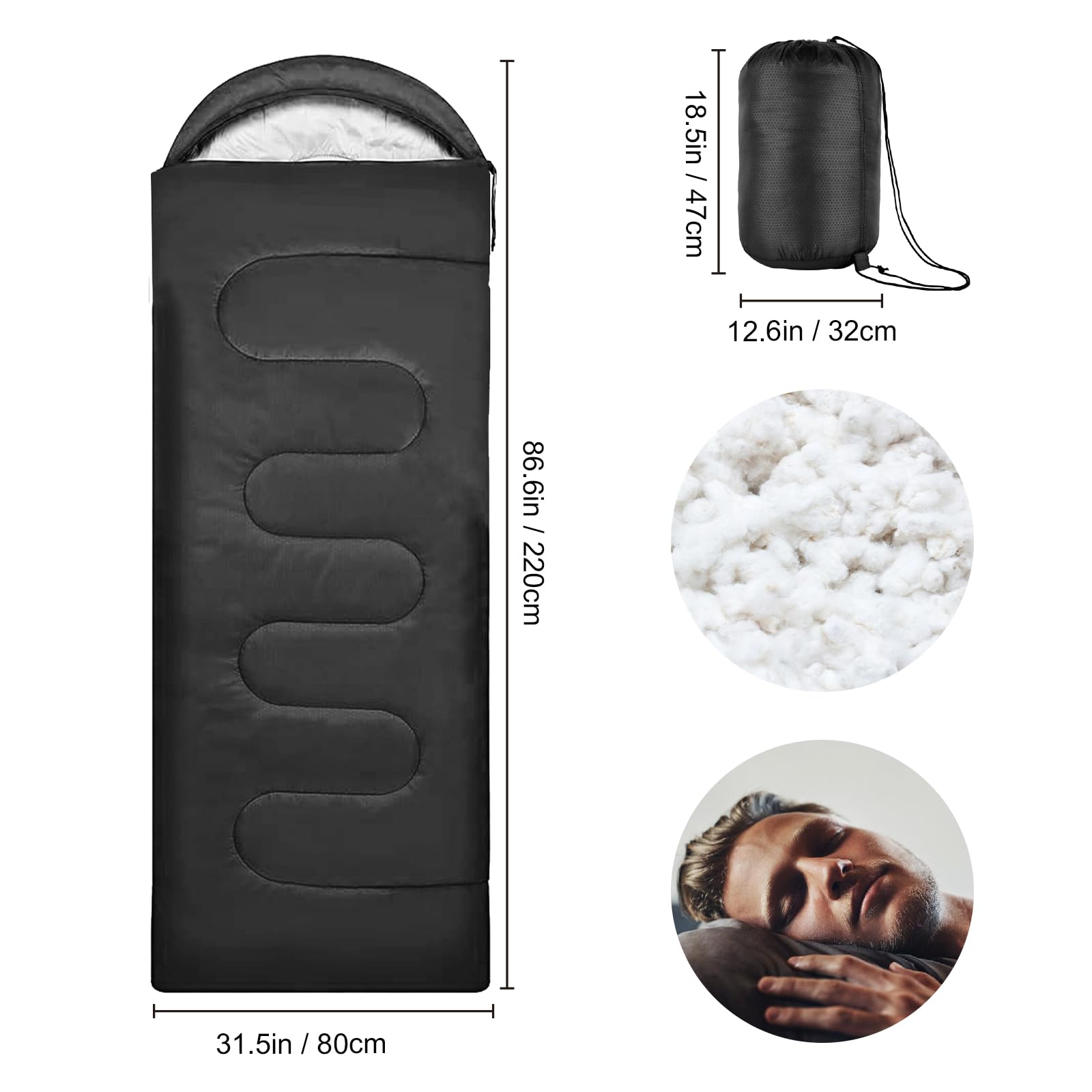 Tiazhan Saco de Dormir, Saco de Dormir Ultraligero para una Sola Persona de 4 Estaciones para Adultos y Niños, Saco de Dormir Cálido e Impermeable, Elementos Esenciales - 220 x 80 CM - Negro