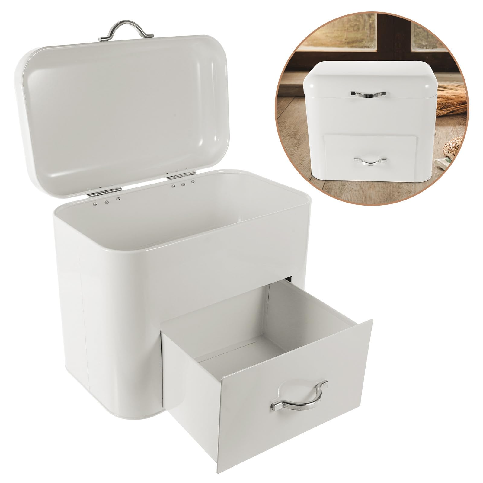 FRCOLOR Caja Espacioso y Resistente para Guardar Pan de Hierro Blanco Gran Capacidad y Diseño Retro Organizador de Alimentos para Cocina y Cafeterías