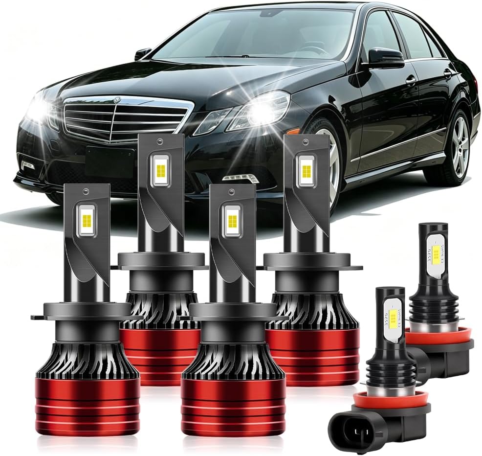 Super-Bright Light Bulbs Combo Compatible for Mercedes-Benz E350 E550 2008-2012 H7 High Beam H7 Low Beam H11 Fog Light 800% Brightness with Cooling Fan 6000-6500K Plug N Play Pack of 6