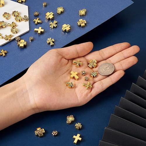 Miniatura 5 de Cheriswelry 100 cuentas de aleación de cruz tibetana, cuentas sagradas de metal antiguo crucifijo dorado antiguo, 10 estilos para collares,