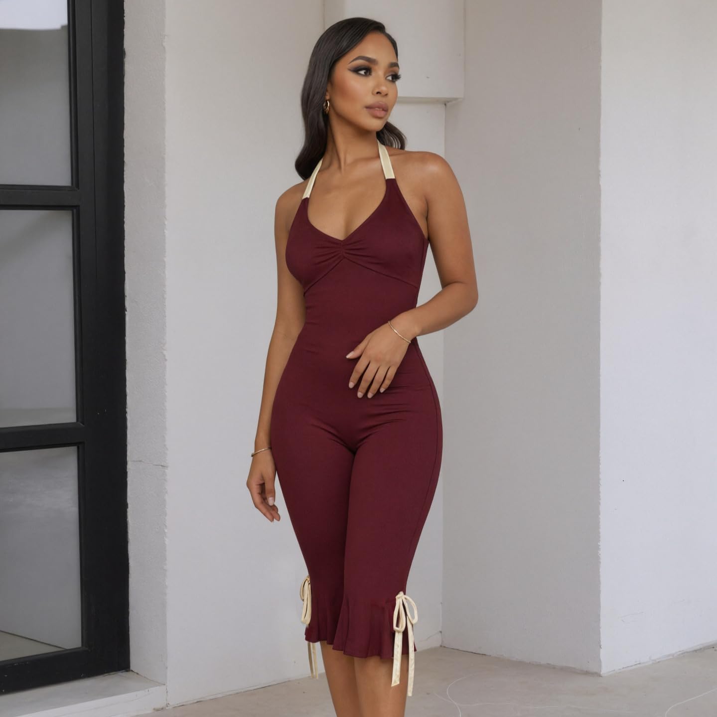 Molilove Women's Sexy Jumpsuits Halter Neck Backless Bodycon Ruffled Hem Capris Jumpsuit Summer Going Out Outfits
