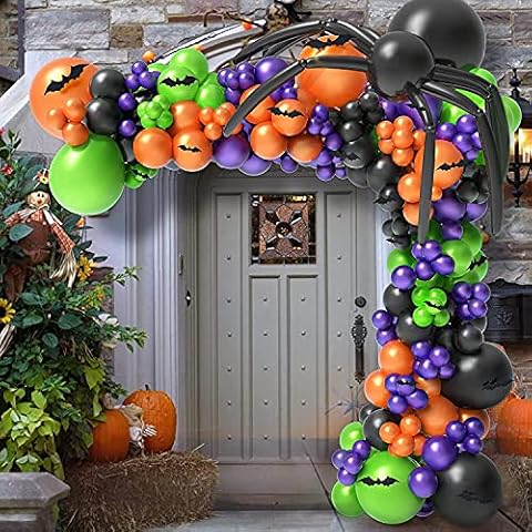 Halloween Balloon Garland Arch kit with Orange Green Black Purple Balloons Spider Balloons, Long Balloons, 12pcs 3D Bat Sticker for Halloween Theme Party Background Classroom Decorations Cover
