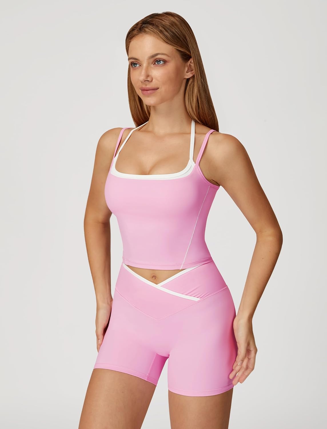 ABOCIW Workout Sets for Women 2 Piece Color Block Layered Cropped Tank Top Crossover High Waist Biker Shorts Gym Sets - Image 3