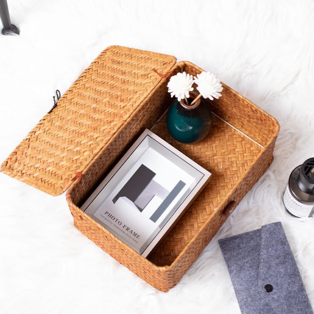 天然籐編みバスケット｜蓋付き 23138cm コーヒー色 手作り和風小物入れ 家庭用雑貨収納カゴ​