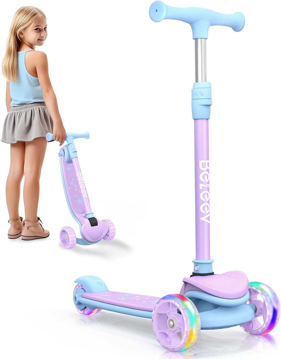 BELEEV A8 Scooter for Kids Ages 3-12, 3 Wheel Folding Scooter for Toddlers Girls Boys, LED Light-Up Wheels, 4 Adjustable Height, Lean to Steer, Extra Wide Wheels, Three Wheel Kick Scooter for Children Purple