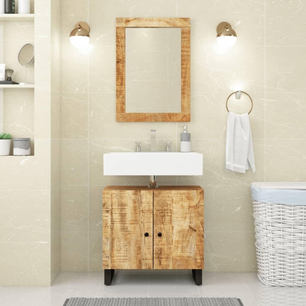 Solid Mango Wood Sink Cabinet Medium Size Bathroom Vanity Combo with Two Compartments Rustic Natural Finish Indoor Bathroom Furniture Set