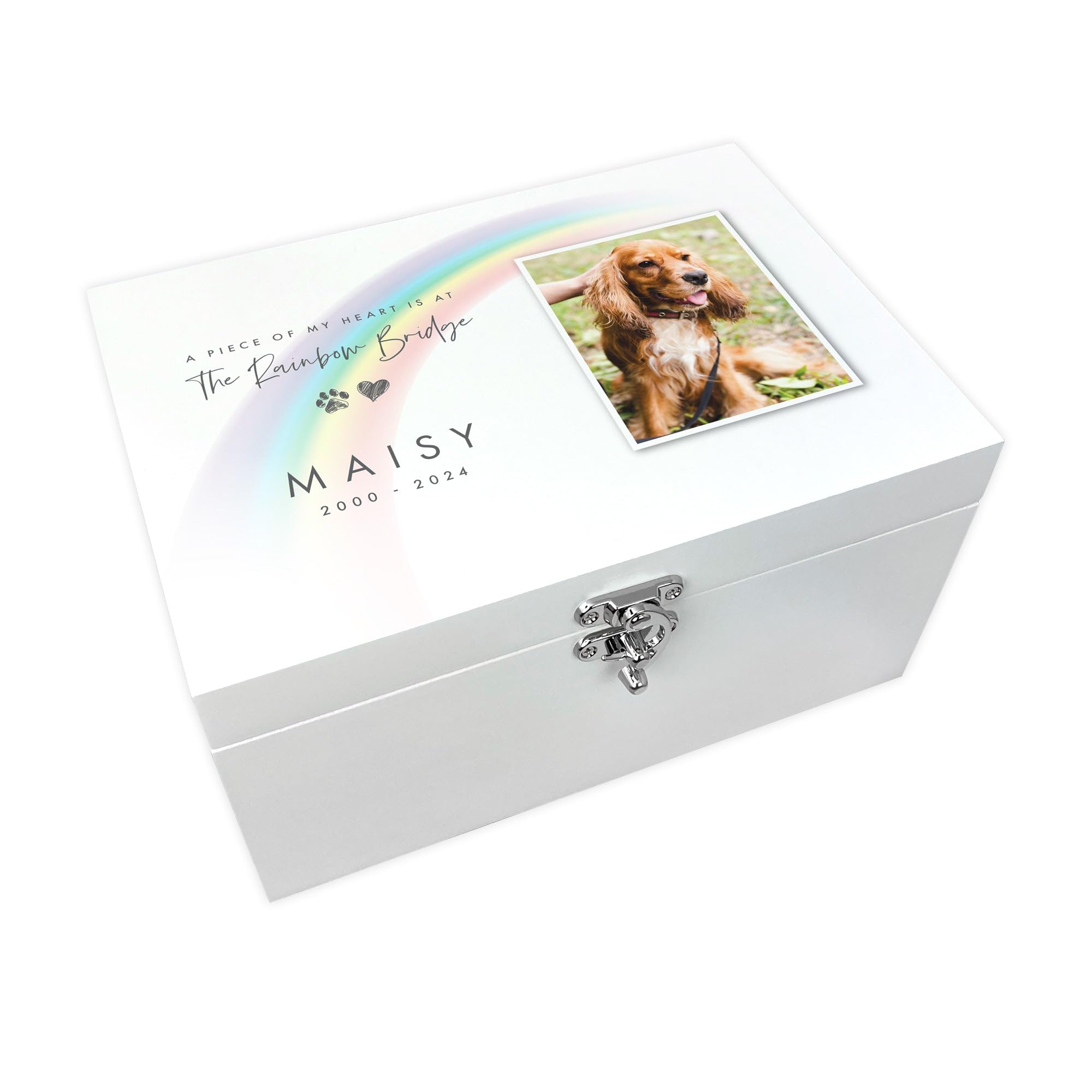 Personalised Rainbow Bridge Pet Photo Memorial White Wooden Keepsake Box | Sympathy Gift for Pet Loss | 30cm x 23cm x 18cm