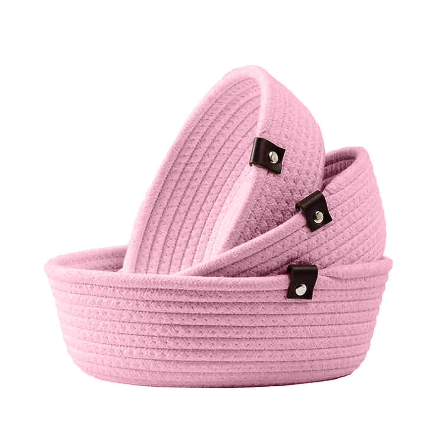TRENDOZE 100% Natural Jute small box mini rope paper storage Round hamper baby nursery tray bucket for Living Kitchen, Office, Drawing Room,fruits, kitchen, office, Set of 3 (PINK)