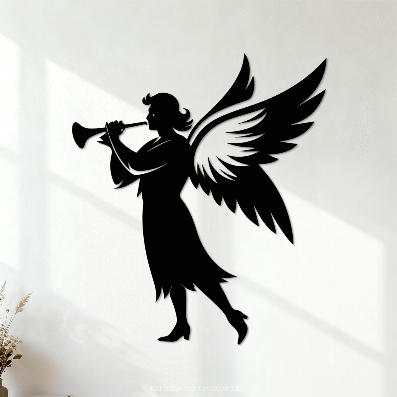 Ergou Stickerdecal-83284 Angel Silhouette With Trumpet Pointed Toward Sky In Majestic Scene Engraving Stickers 42X48.1cm Window Decals Black
