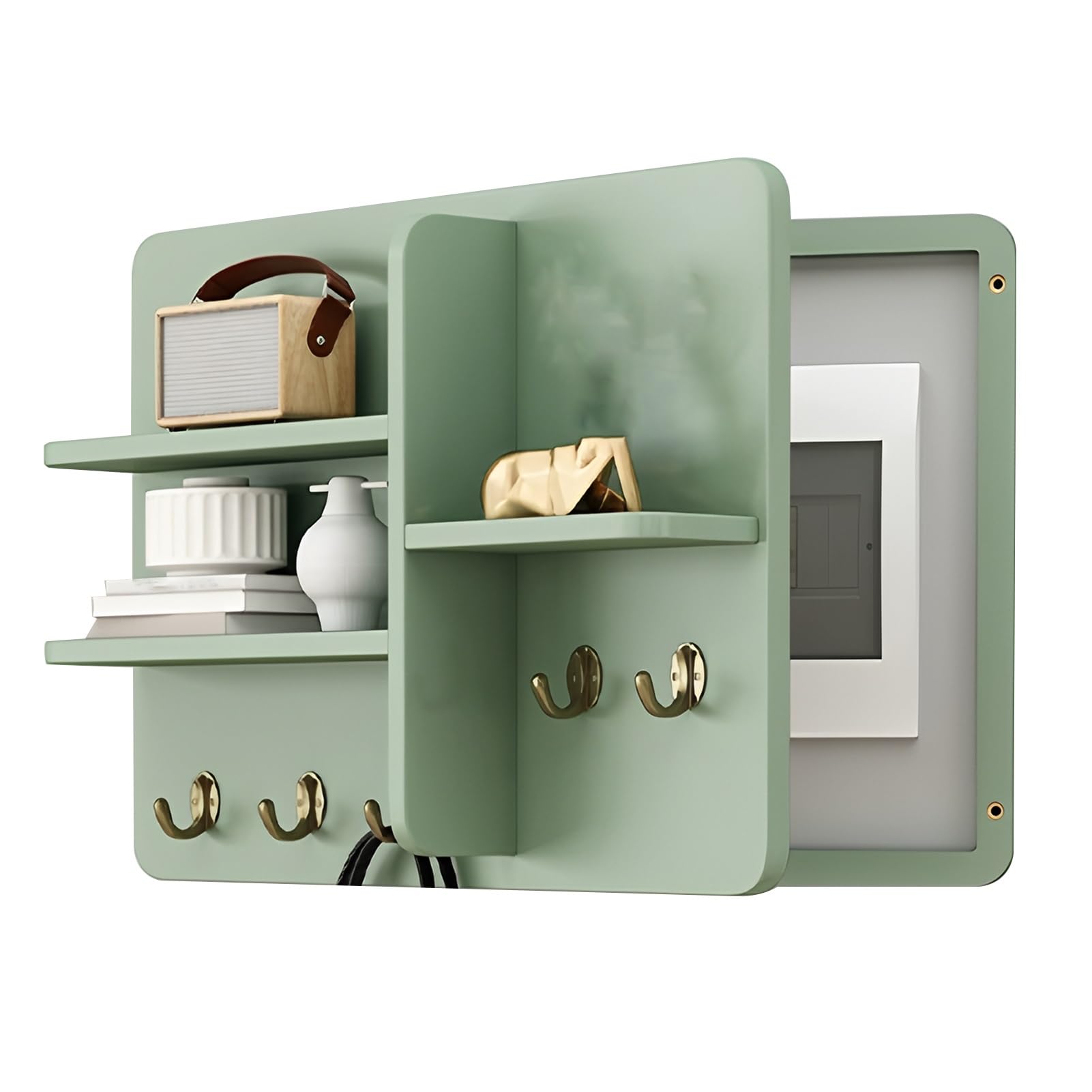 Indoor Fuse Box Cover with Hooks, Solid Wood Electrical Panel Cover and Breaker Box Cover with Shelf for Entrance Corridor, Hide Electrical Panel Non-cracking(Green,50x40cm/19.68x15.74in)