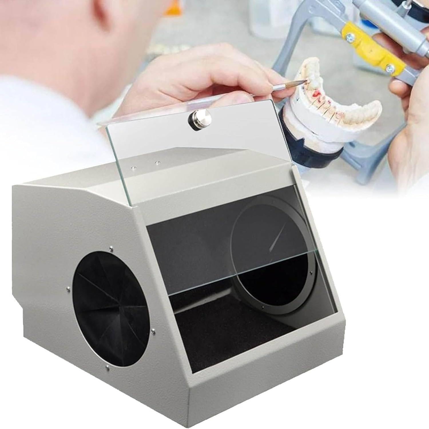 Aspiratore di Polvere per Sabbiatrice da Laboratorio Odontotecnico con Deflettore in Vetro, Scatola Antipolvere per Laboratorio Odontotecnico