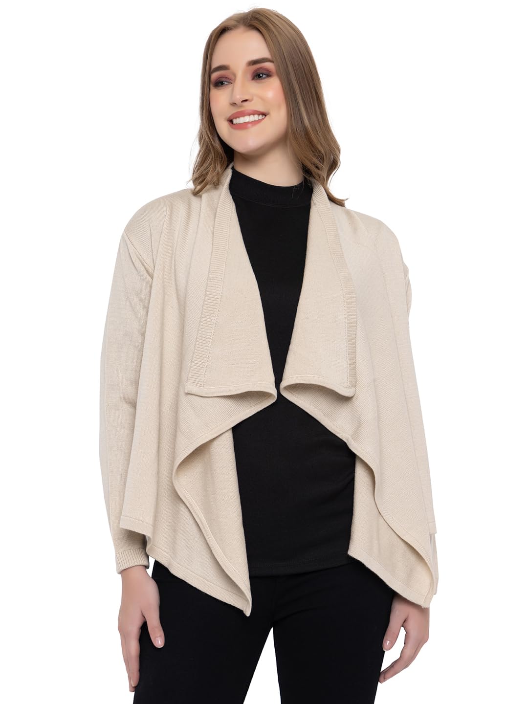 513 Girls Womens Acrylic Plain Solid Open Front Winter Wear Long Sleeve Cardigan Poncho Beige-picture-45