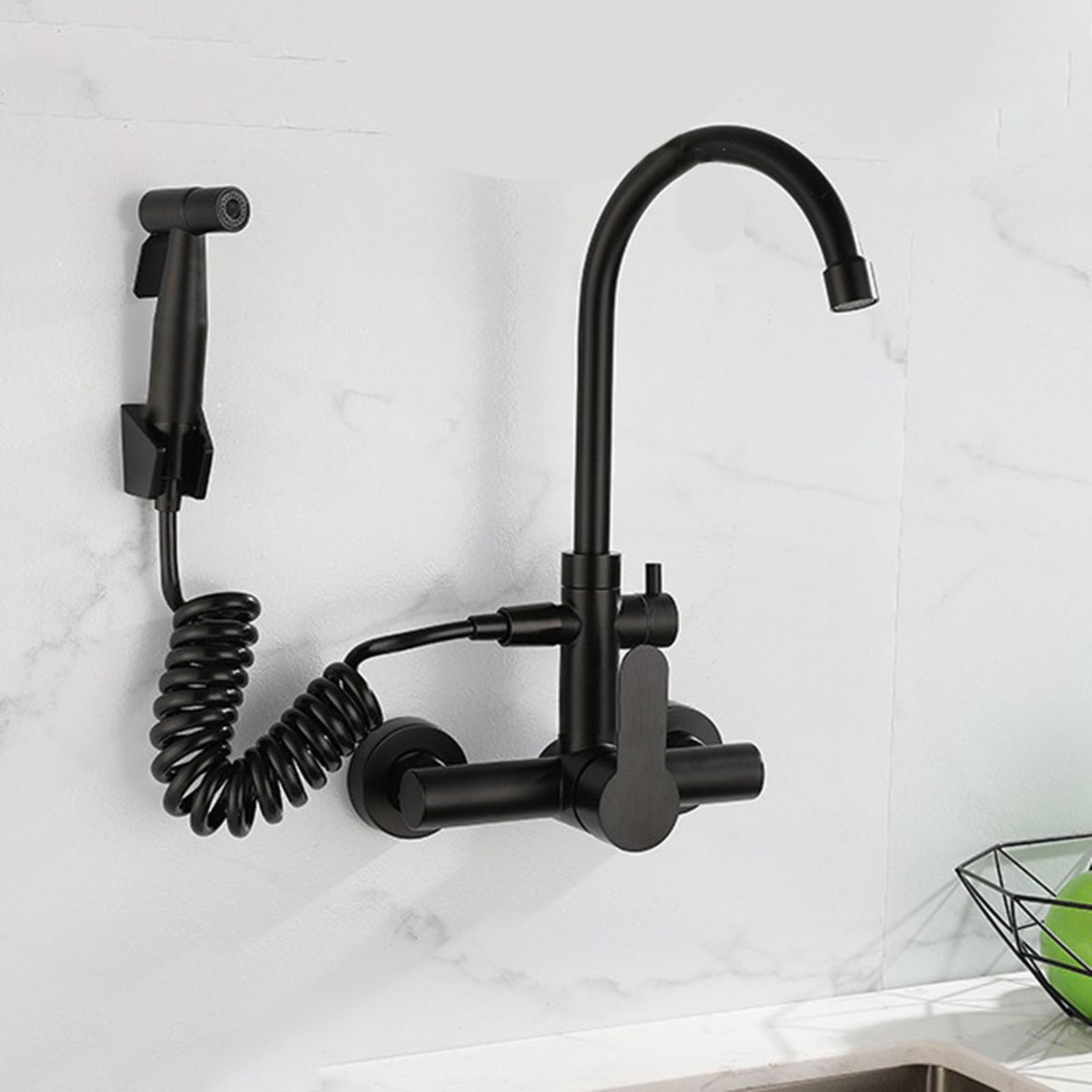 Grifo de Cocina Monomando de Pared con rociador, Grifo Monomando para Fregadero, caño Giratorio, Grifo Monomando de Cocina de 2 Orificios, Color Negro