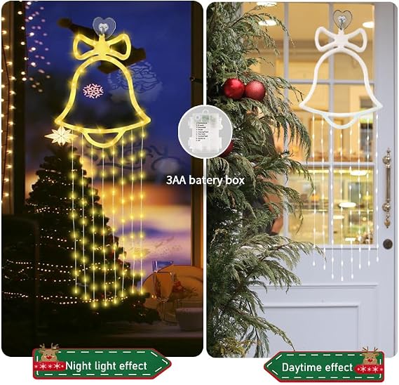 LED Christmas Bell Window Lights, Battery Operated Curtain String Lights, Warm White