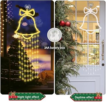 LED Christmas Bell Window Lights, Battery Operated Curtain String Lights, Warm White