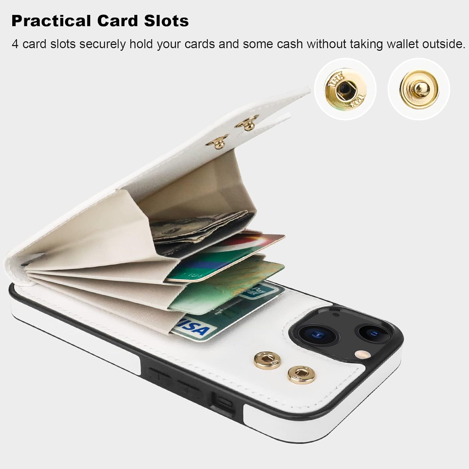 Folosu Compatible with iPhone 14 Case Wallet with Card Holder, 360°Rotation Finger Ring Holder Kickstand, RFID Blocking Leather Protective Double Buttons Shockproof Cover 6.1 Inch White