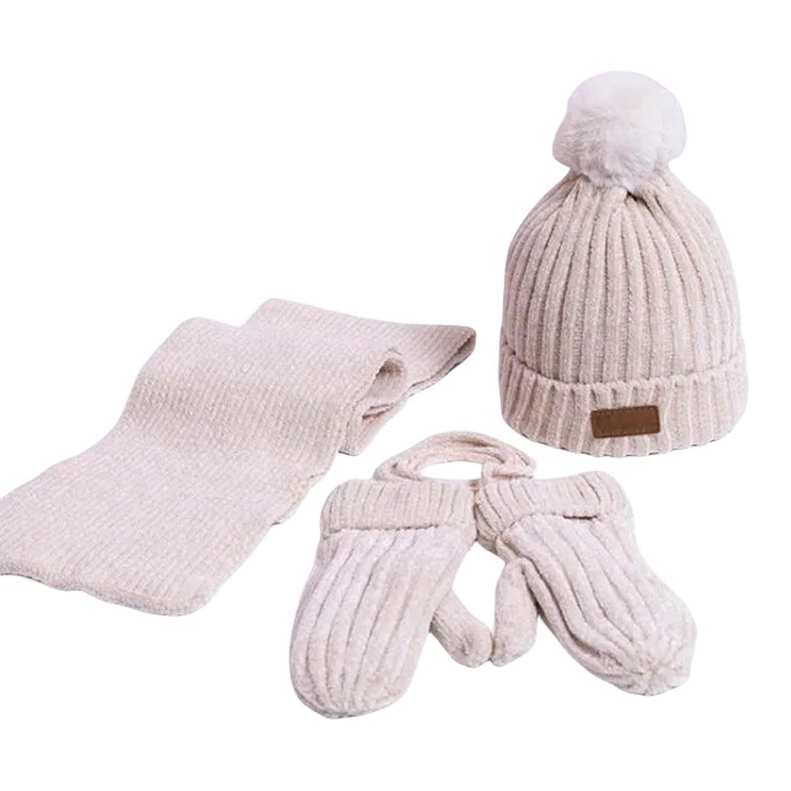 Zonto Wintermütze Schal Handschuh-Sets 3-Teilige Set Von Winter Kinderhutschalhandschuhe Für Kinder Jungen Mädchen Warm Pom Pom Hut Halsschal-Beige-3-36 M Eine Größe