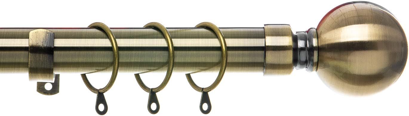 Home Treats Extendable Curtain Pole | Round Ball Metal Curtain Pole Set 28mm | Includes Rings, Finials, Brackets & Fittings. (120-210 cm, Antique Brass)