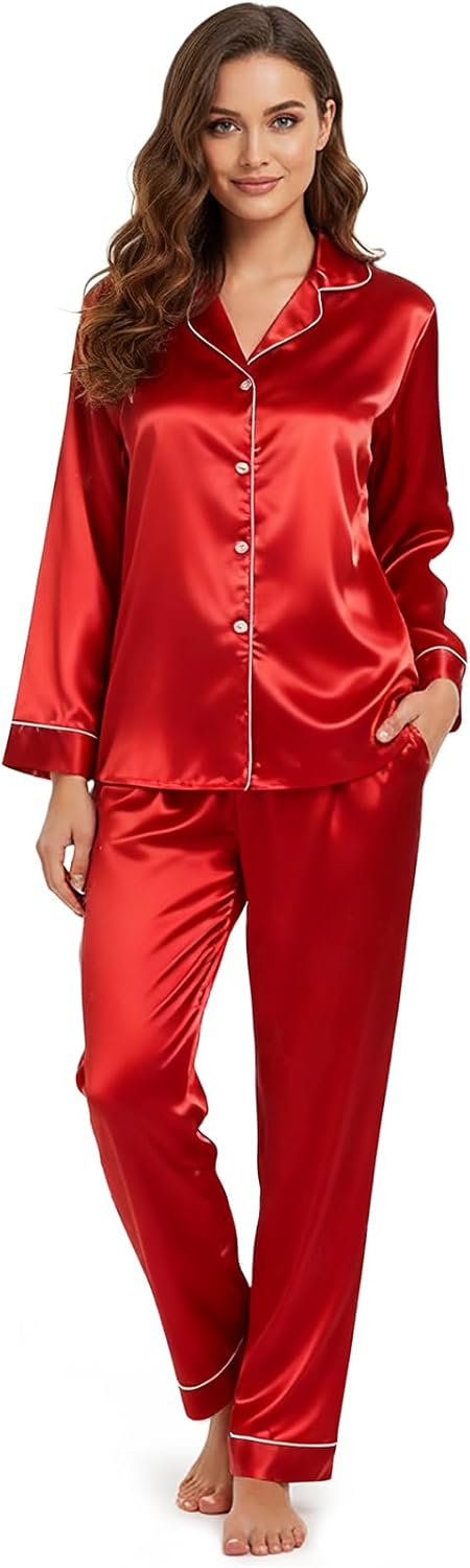 Christmas Women Satin Silk Pajamas Long Sleeve Sleepwear 2 Piece Button Up Pjs Set Xams Soft Loungewear