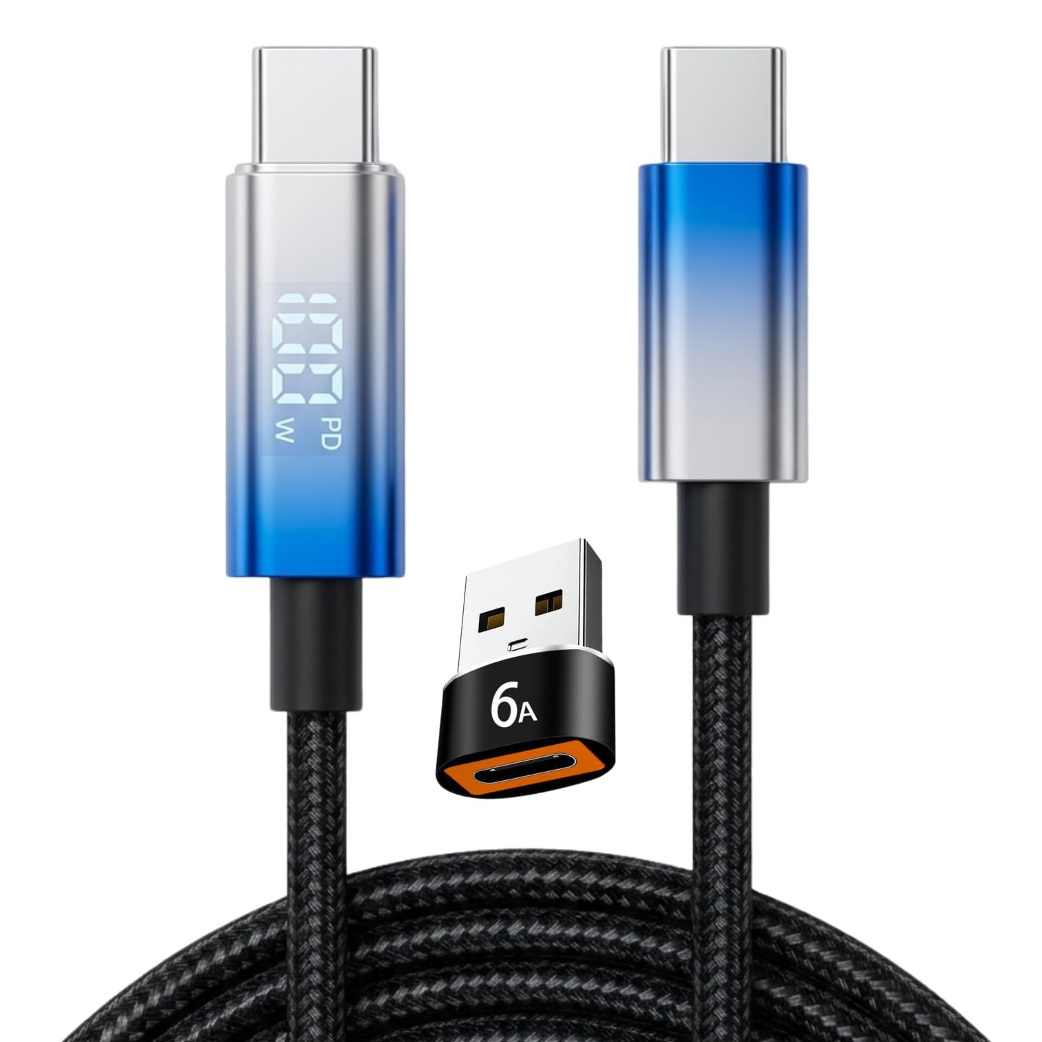 MillionHz PhotonMax Power Display, Aesthetic Unbreakable, 100W 5Amp Fast Charging Type A/C to Type-C, Nylon Braided Cable for Smartphones, Tablets, Laptops, PD Technology 1.2 Meter