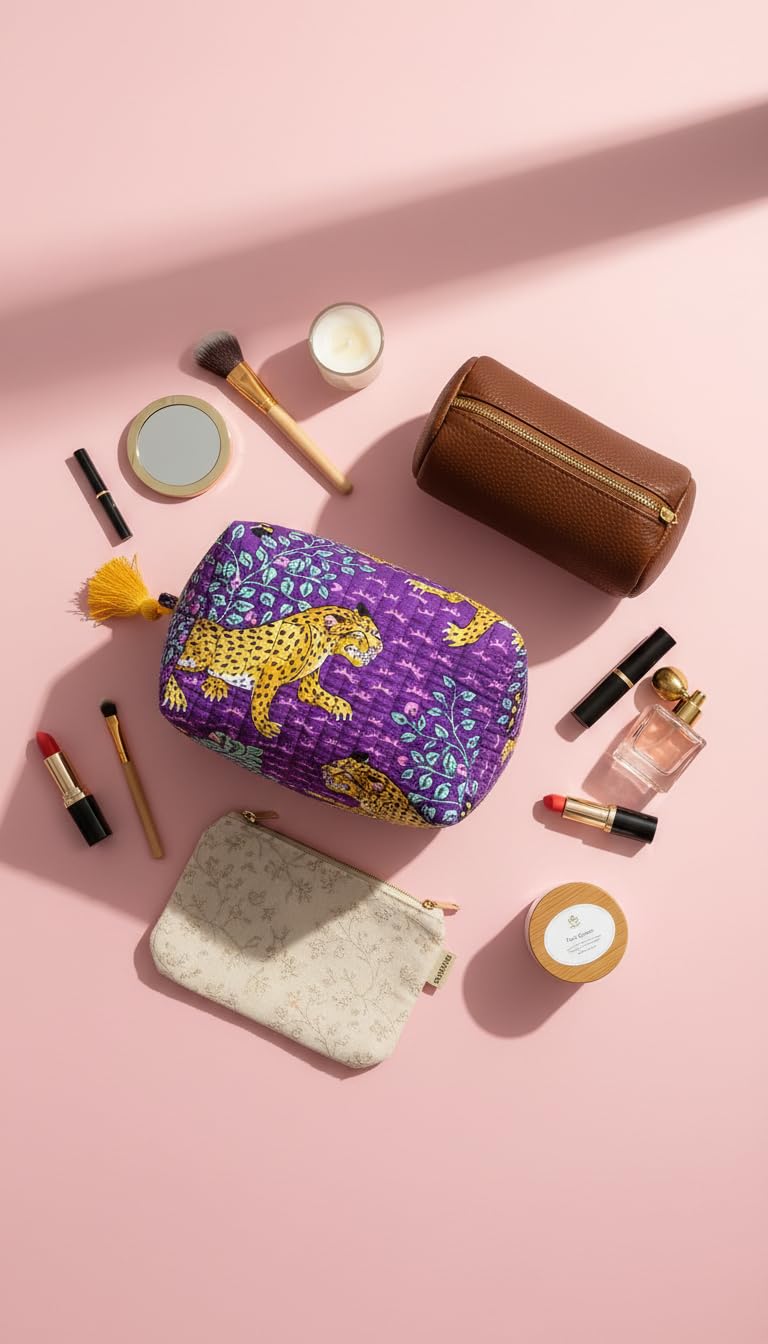 Kit 3 Trousses de Maquillage Léopard Violette – Petite, Moyenne et Grande – Trousse de Toilette Femme Voyage – Pochette Cosmétique Matelassée avec Pompons - 5